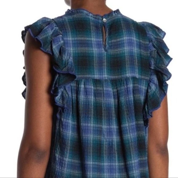 BEACHLUNCHLOUNGE Lori Blue Plaid Lori Ruffled Sleeveless Top - Size Small - Picture 2 of 5